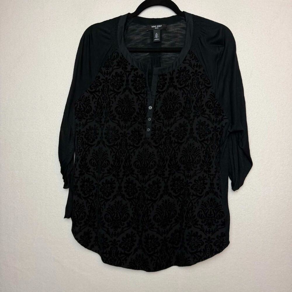Nine West Black Velvet Burnout Henley Shirt Top Women's Size XL Boho Paisley